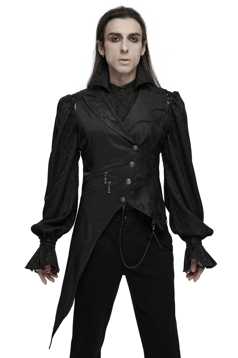 Men's Gothic asymmetric waistcoat in black with metal chain details and lace-up back, showcasing modern gothic style.