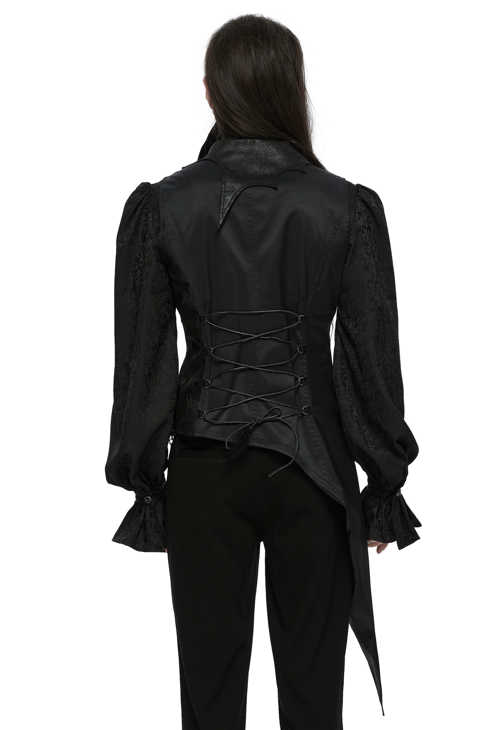 Back view of men's gothic asymmetric waistcoat with lace-up detail and puffy sleeves, showcasing unique design elements.