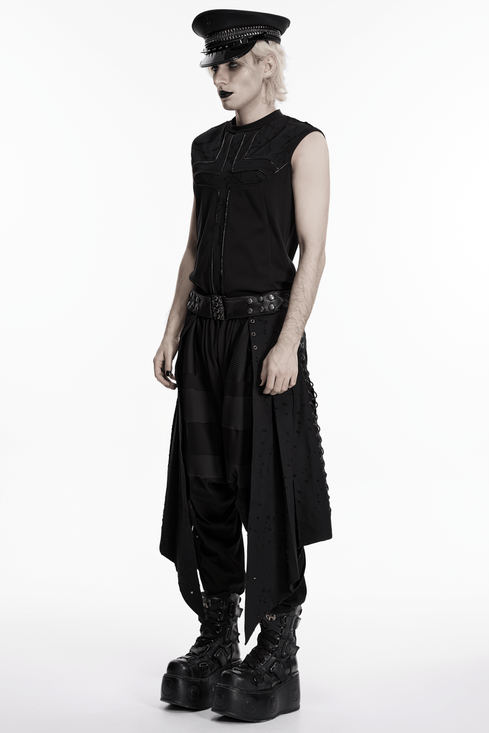 Men's Gothic Asymmetrical Punk Skirt with Belt styled with edgy accessories and platform boots.
