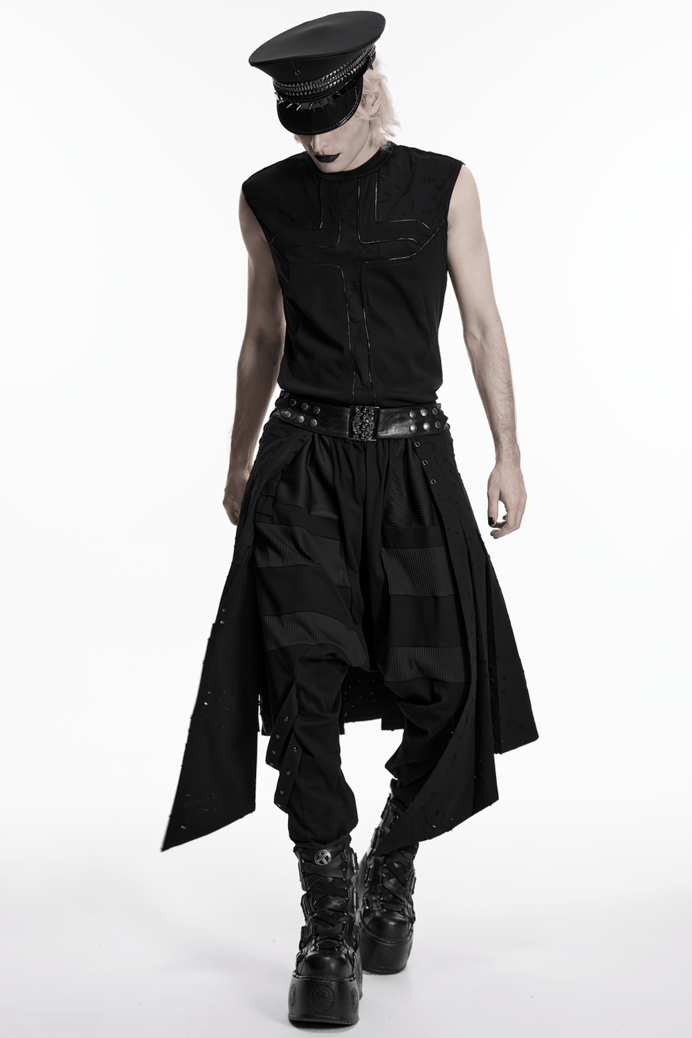 Men's Gothic Asymmetrical Punk Skirt with Belt worn by a model with edgy style and accessories.