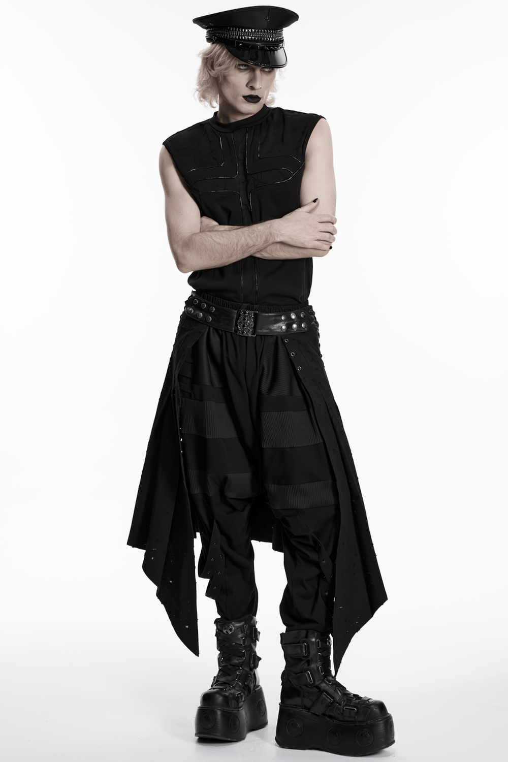 Men's Gothic Asymmetrical Punk Skirt with Belt worn by a model, showcasing a unique punk style and bold fashion.