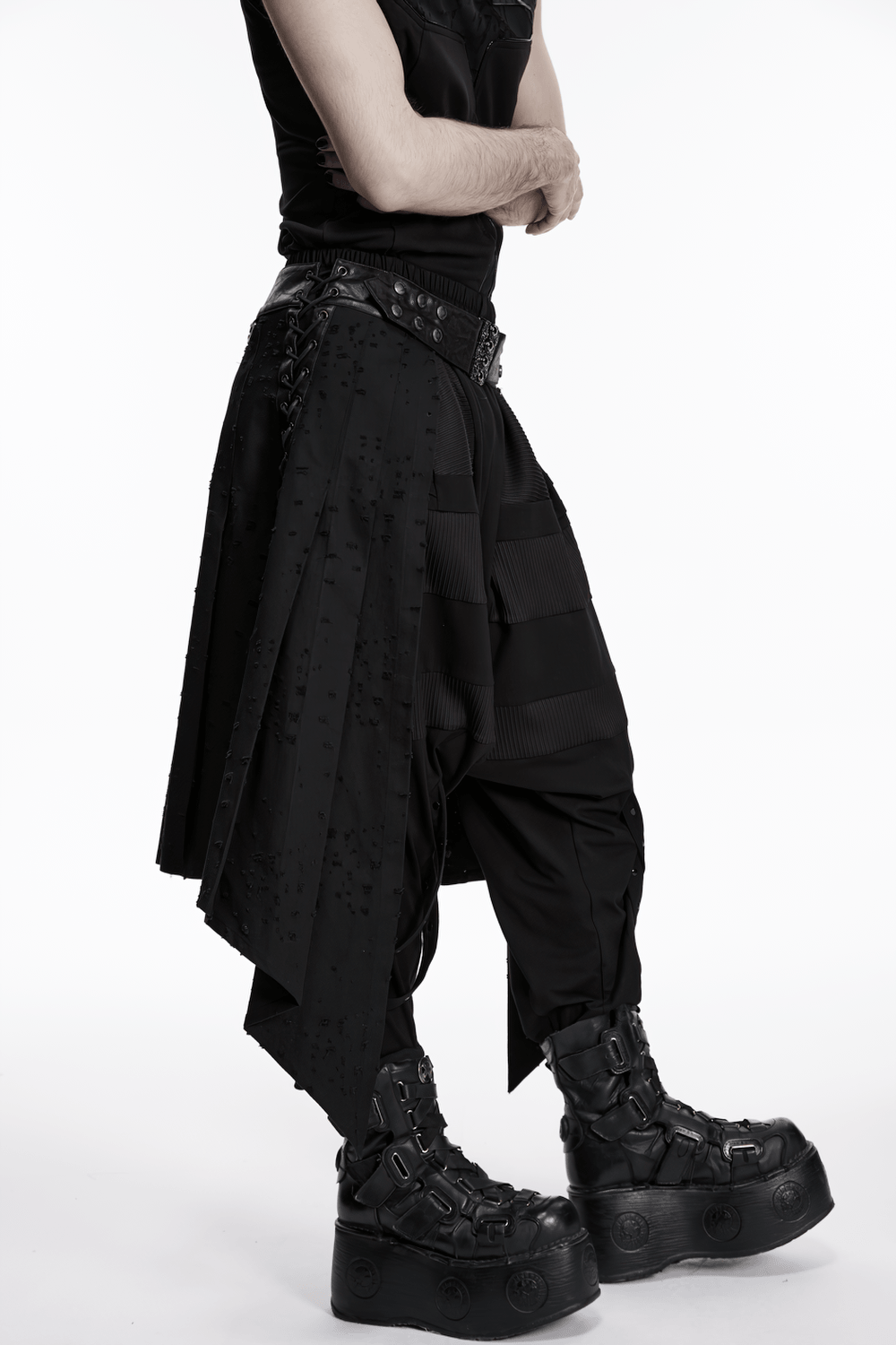 Men's Gothic Asymmetrical Punk Skirt with Belt worn with edgy boots, showcasing a rebellious alternative fashion style.