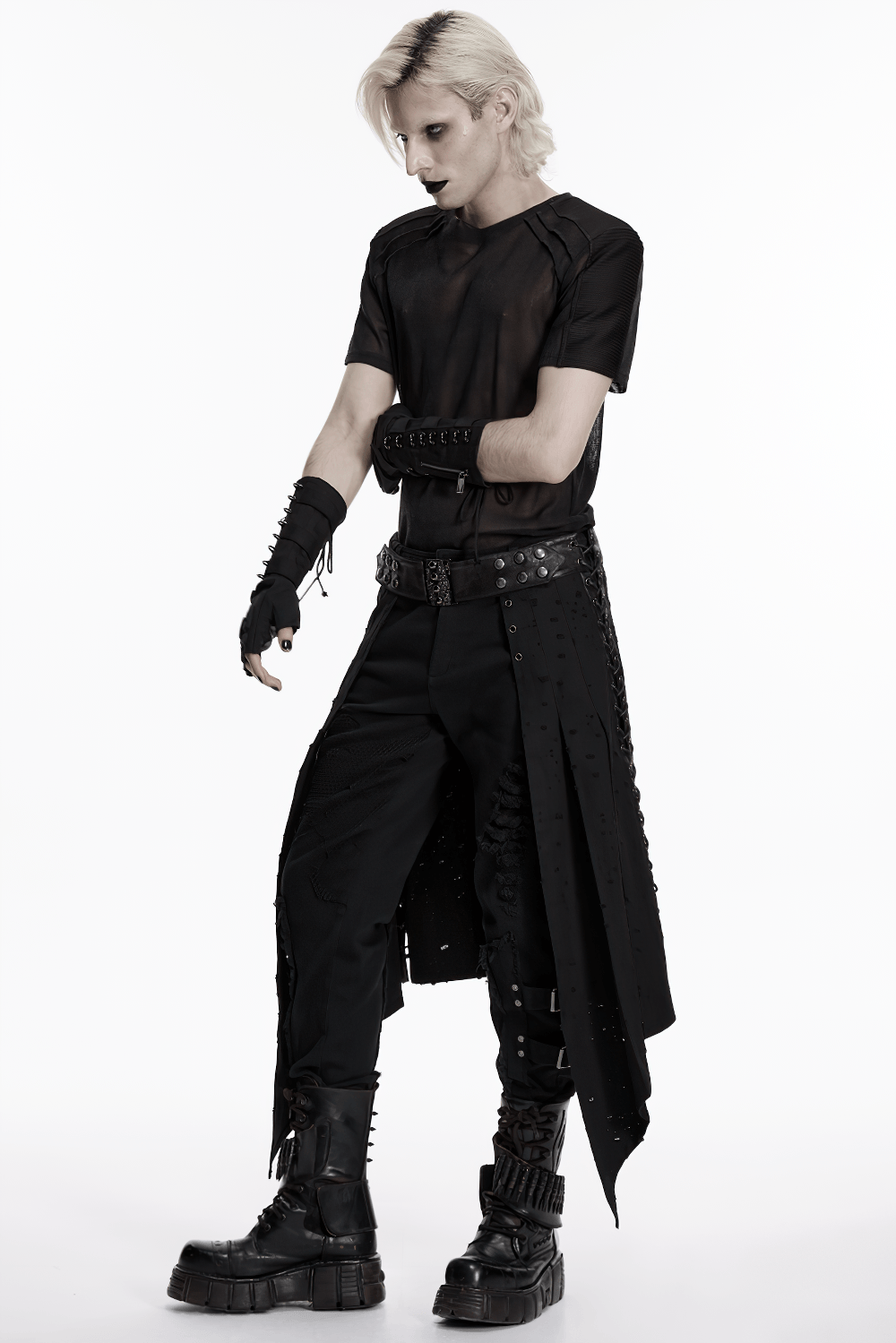 Men's Gothic Asymmetrical Punk Skirt with Belt featured on model, showcasing its edgy design and unique silhouette.
