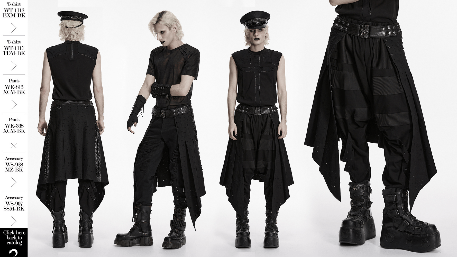 Men's Gothic Asymmetrical Punk Skirt with Belt worn by models, showcasing a bold and edgy punk style.