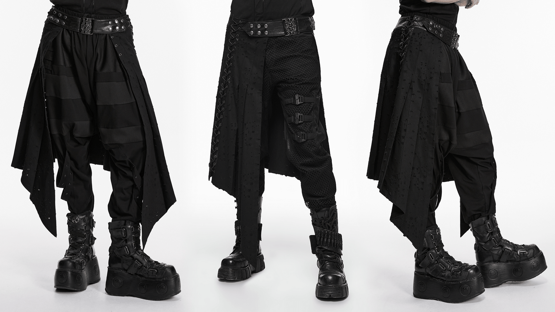 Men's Gothic Asymmetrical Punk Skirt with Belt featuring swallowtail hem and studded waistband.