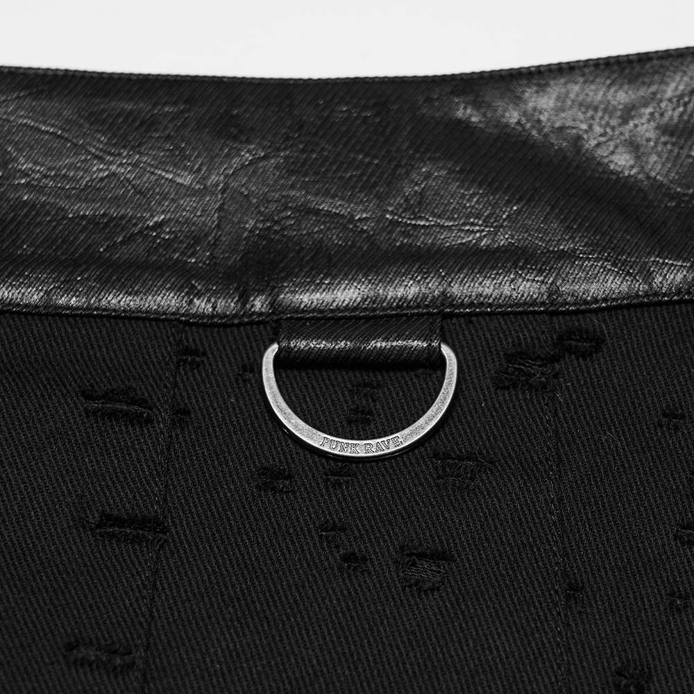 Detail of Men's Gothic Asymmetrical Punk Skirt with Belt showing the metallic loop and fabric texture.