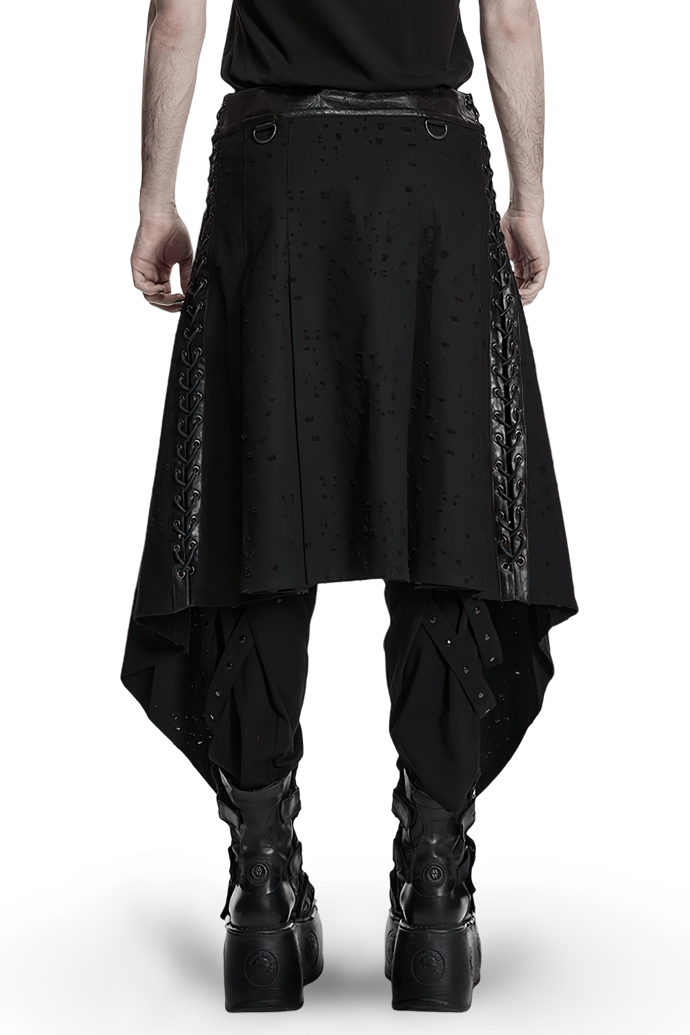 Men's Gothic Asymmetrical Punk Skirt with Belt showcasing a bold swallowtail hem and studded details from the back.