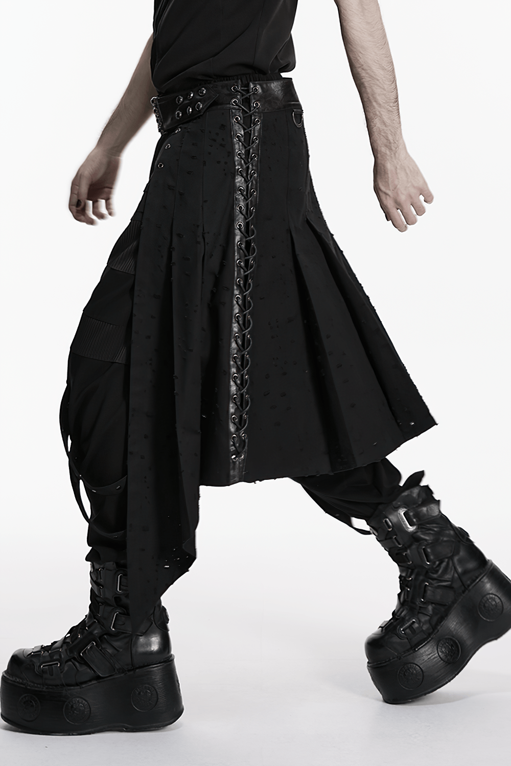 Men's Gothic Asymmetrical Punk Skirt with Belt, featuring swallowtail hem and studded waistband, paired with chunky boots.