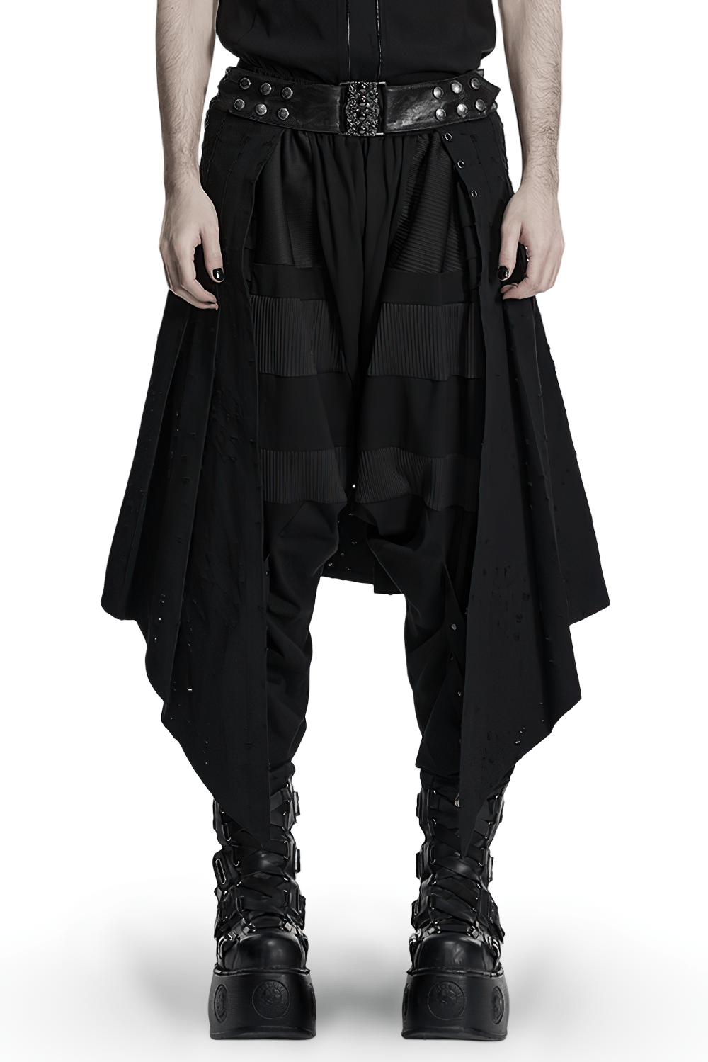 Men's Gothic Asymmetrical Punk Skirt with Belt featuring a swallowtail hem, studded waistband, and drawstring details.