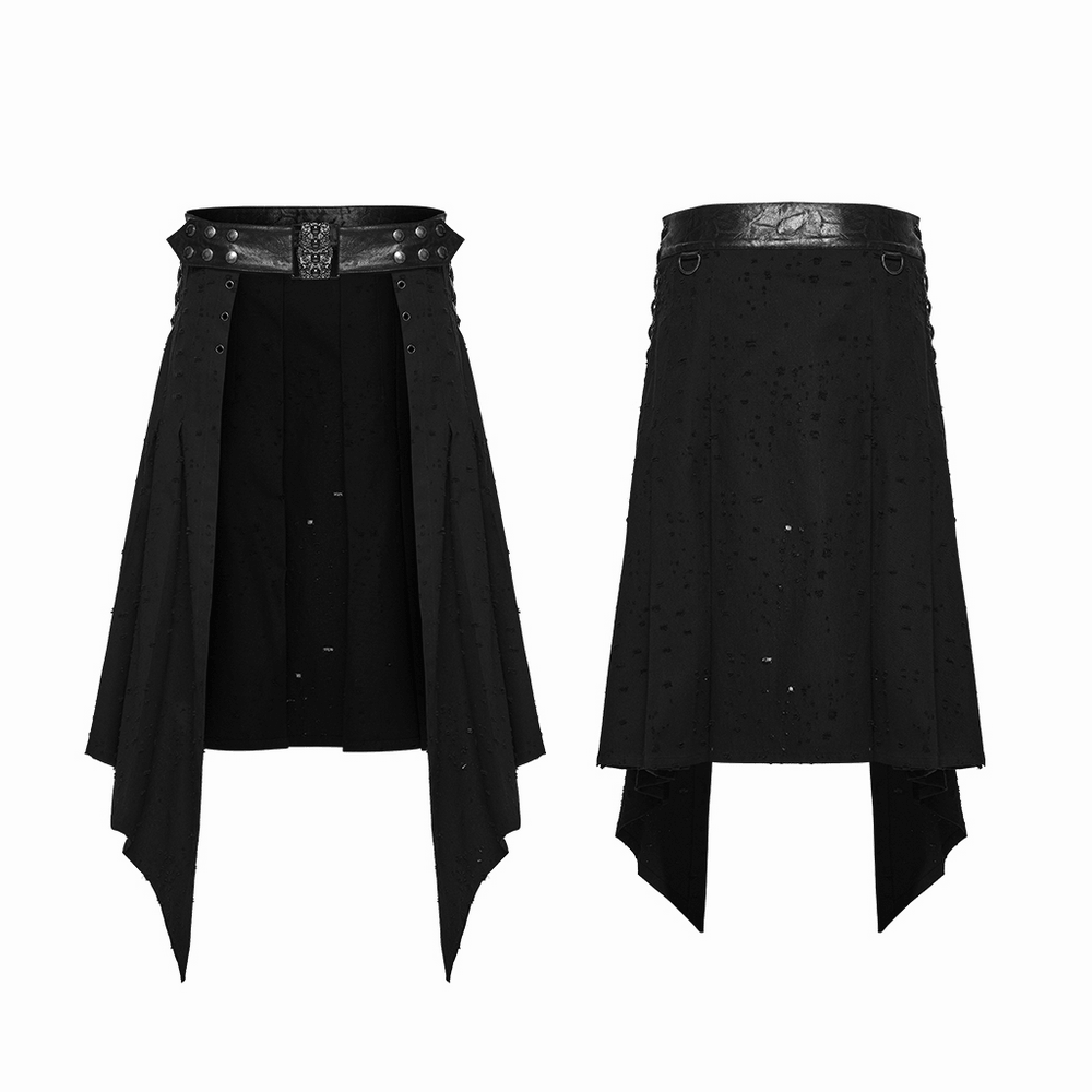 Men's Gothic Asymmetrical Punk Skirt with Belt featuring studded waistband and swallowtail hem.