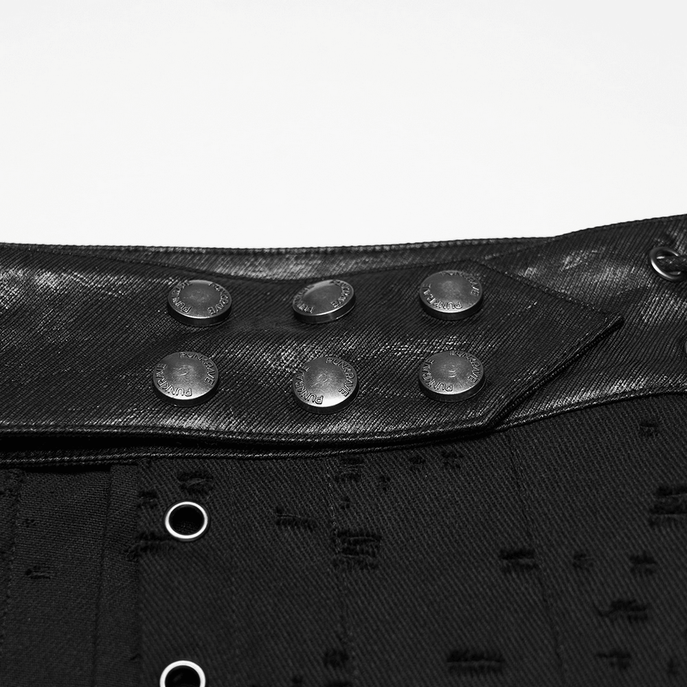 Close-up of the studded waistband on a Men's Gothic Asymmetrical Punk Skirt with Belt, showcasing detail and design.