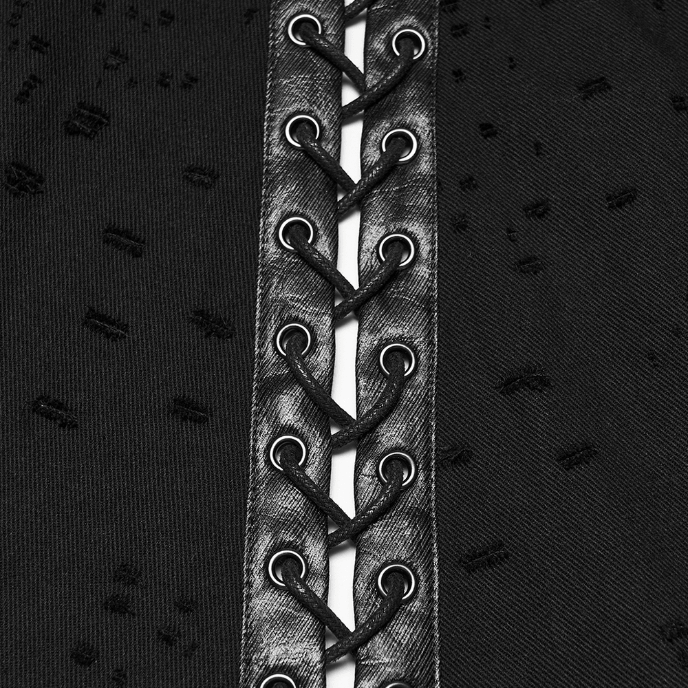 Detailed view of the lace-up design on Men's Gothic Asymmetrical Punk Skirt with Belt, showcasing edgy style.