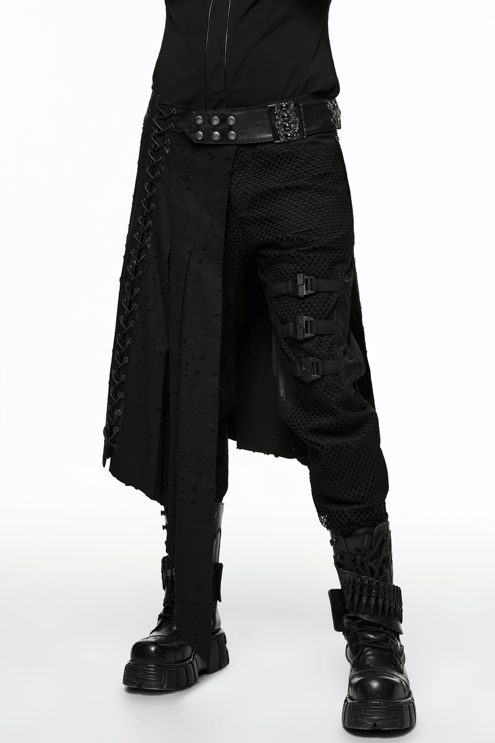 Men's Gothic Asymmetrical Punk Skirt with Belt, featuring a swallowtail hem and studded details for a bold alternative style.