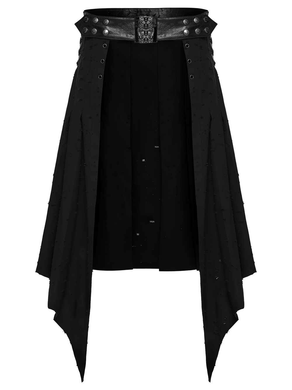 Men's Gothic Asymmetrical Punk Skirt with Belt featuring a swallowtail hem and studded waistband.