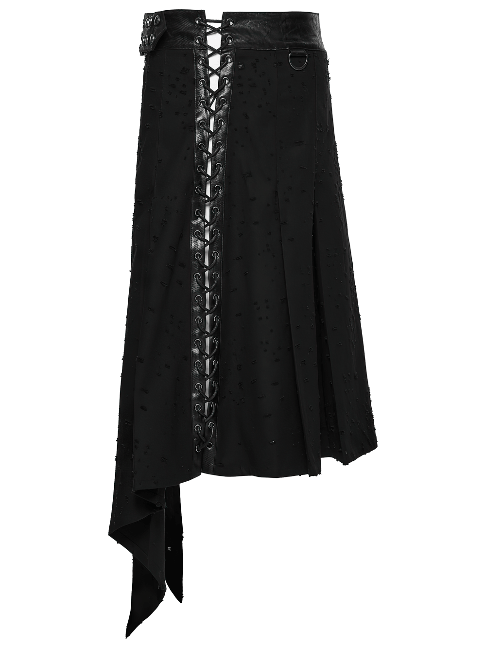 Men's Gothic Asymmetrical Punk Skirt with Belt featuring a studded waistband and swallowtail hem.