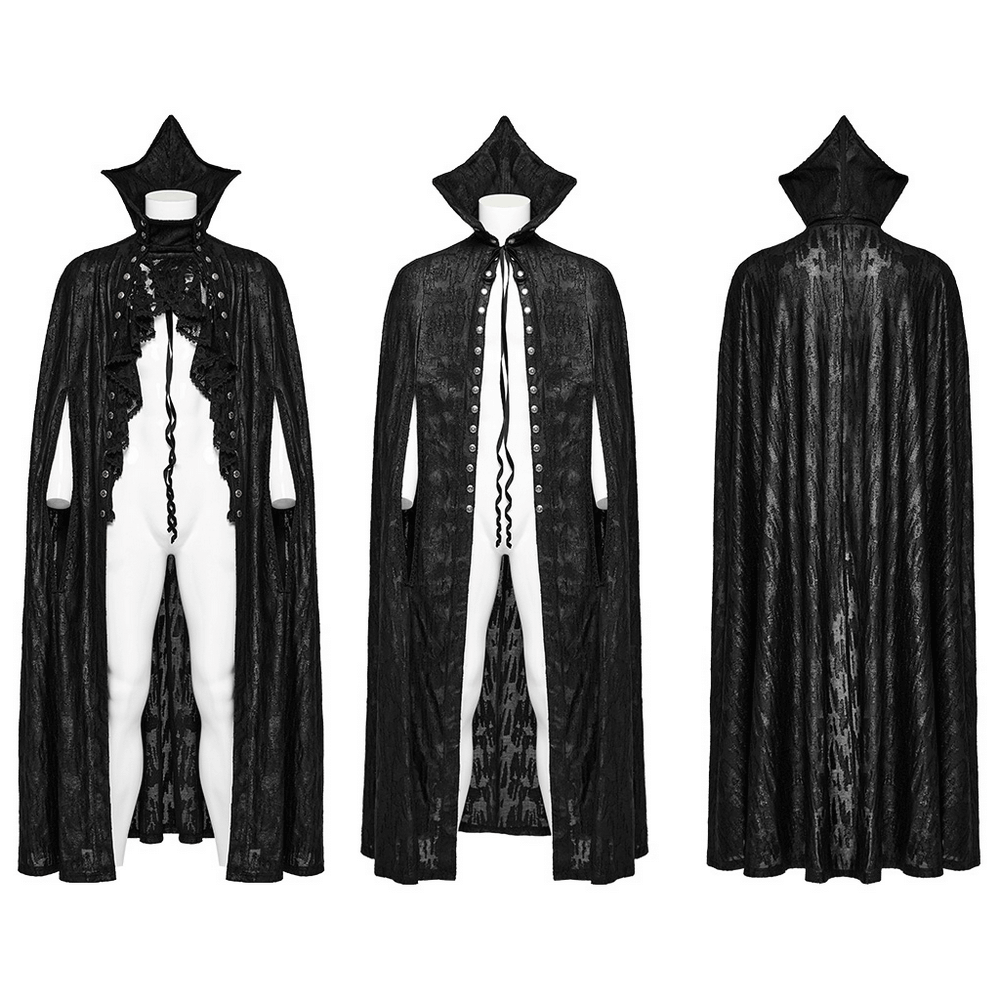 Men's Gothic Bat Collar Cape with Detachable Ruffle, featuring intricate lace and snap buttons in an elegant black design.