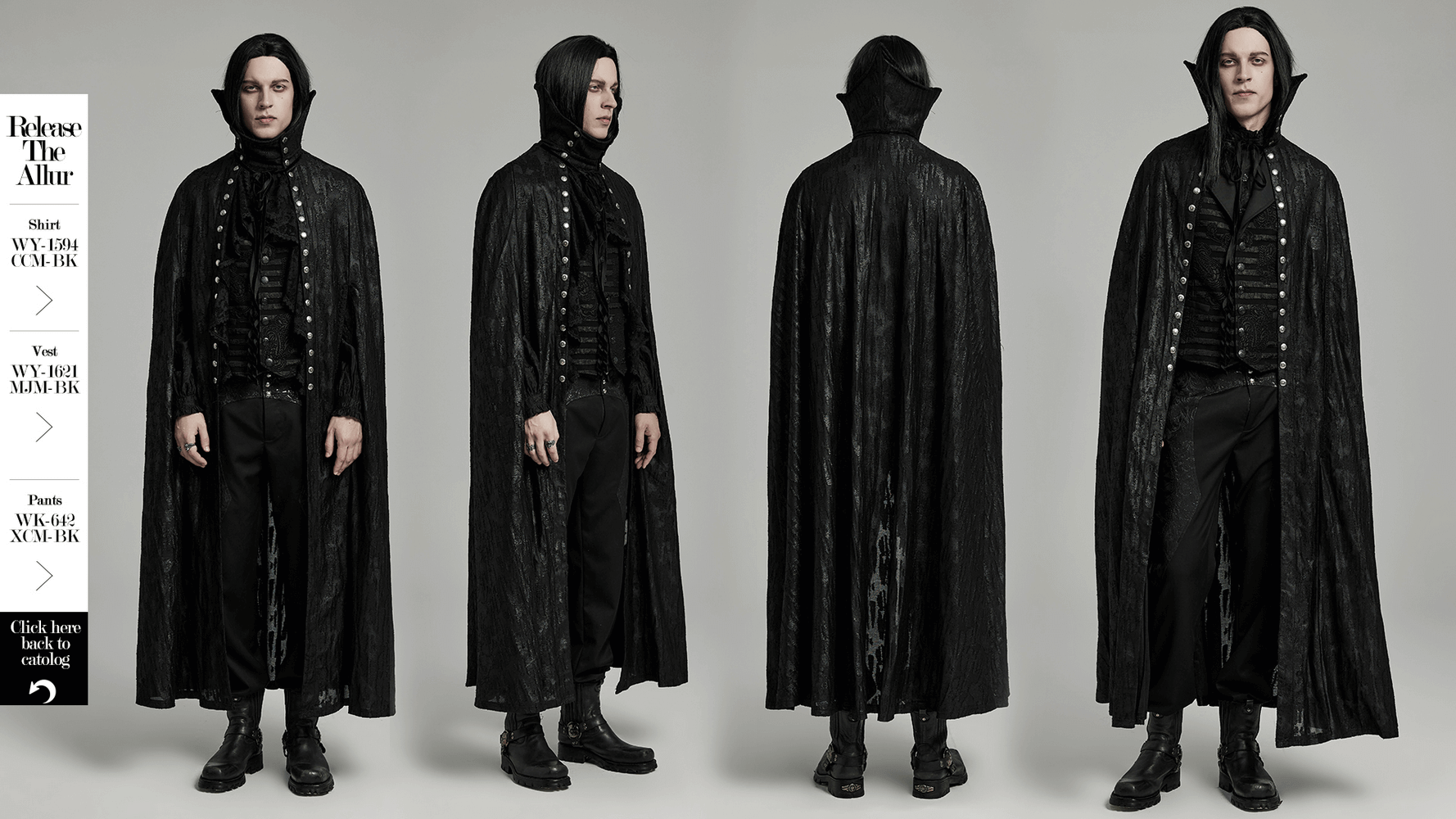 Men's Gothic bat collar cape in distressed fabric with lace detail, showcasing a Victorian style for a bold, elegant look.