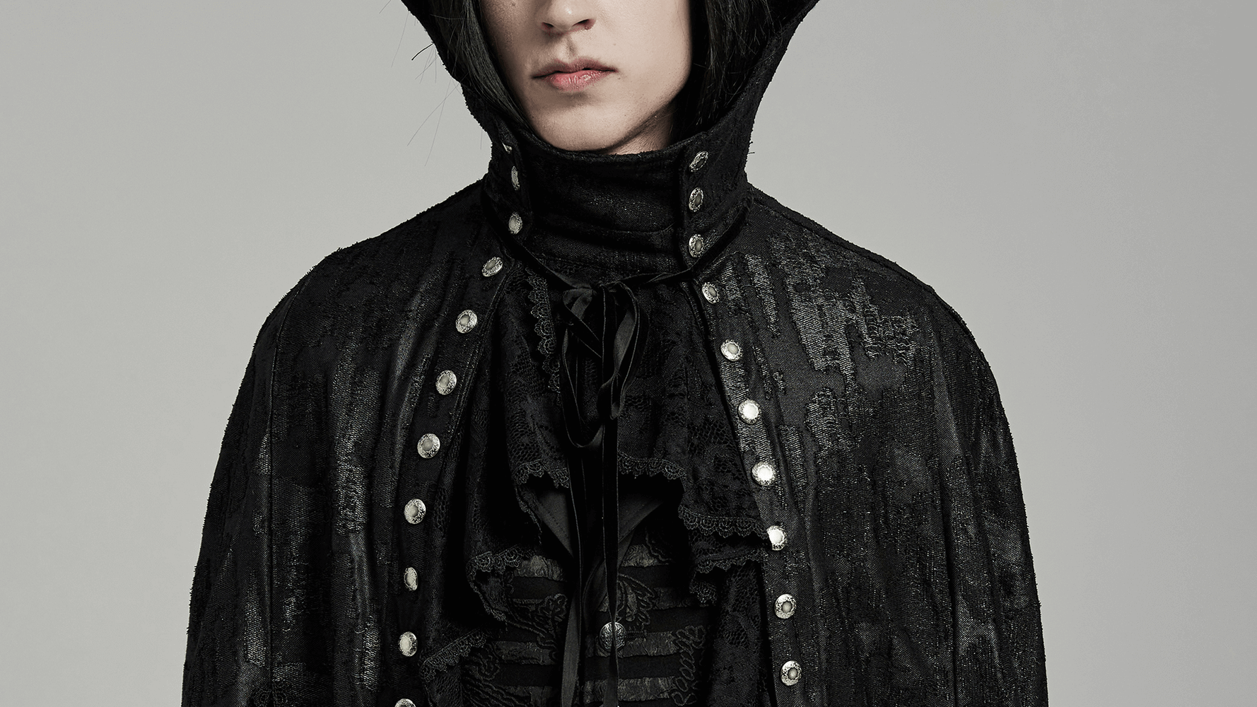 Men's Gothic bat collar cape in black with lace accents, exuding Victorian elegance and a touch of dark style.
