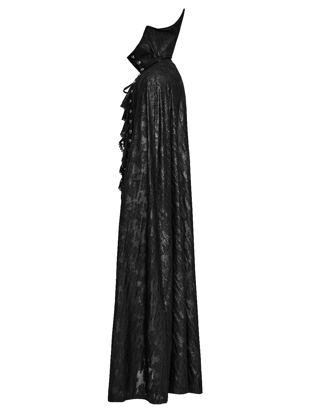 Men's Gothic bat collar cape showcasing lace detail and ruffle design, embodying Victorian elegance and dark style.