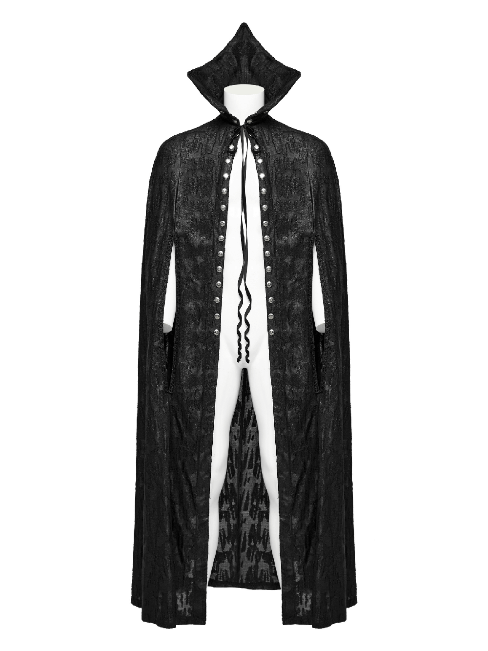 Men's Gothic bat collar cape in black with lace detail and ruffle, perfect for a Victorian-inspired look.