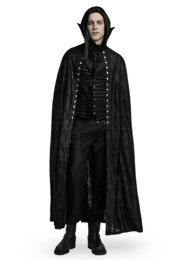 Men's Gothic Bat Collar Cape with lace detail, perfect for a Victorian style Halloween look.