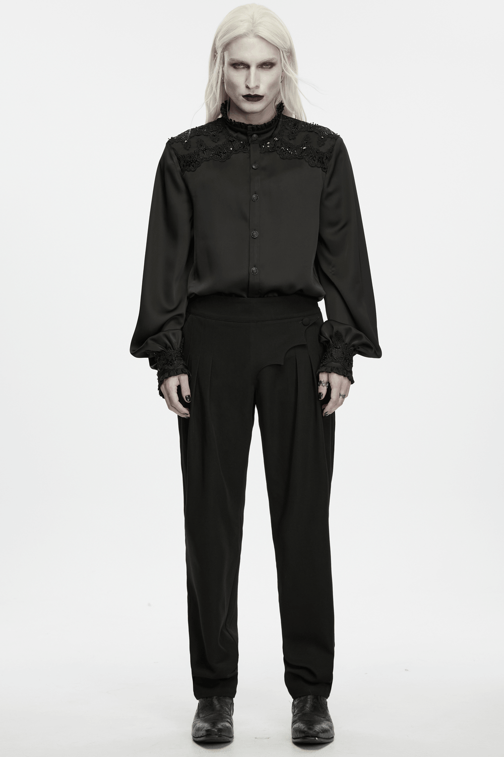 Men's Gothic Batwing Pleated Tapered Black Trousers with sculptural 3D pleats and sharp black gothic style