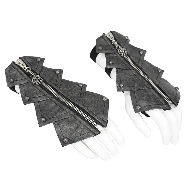 Men's gothic black PU leather gloves with rivets and skull zipper, perfect for a stylish, edgy look.