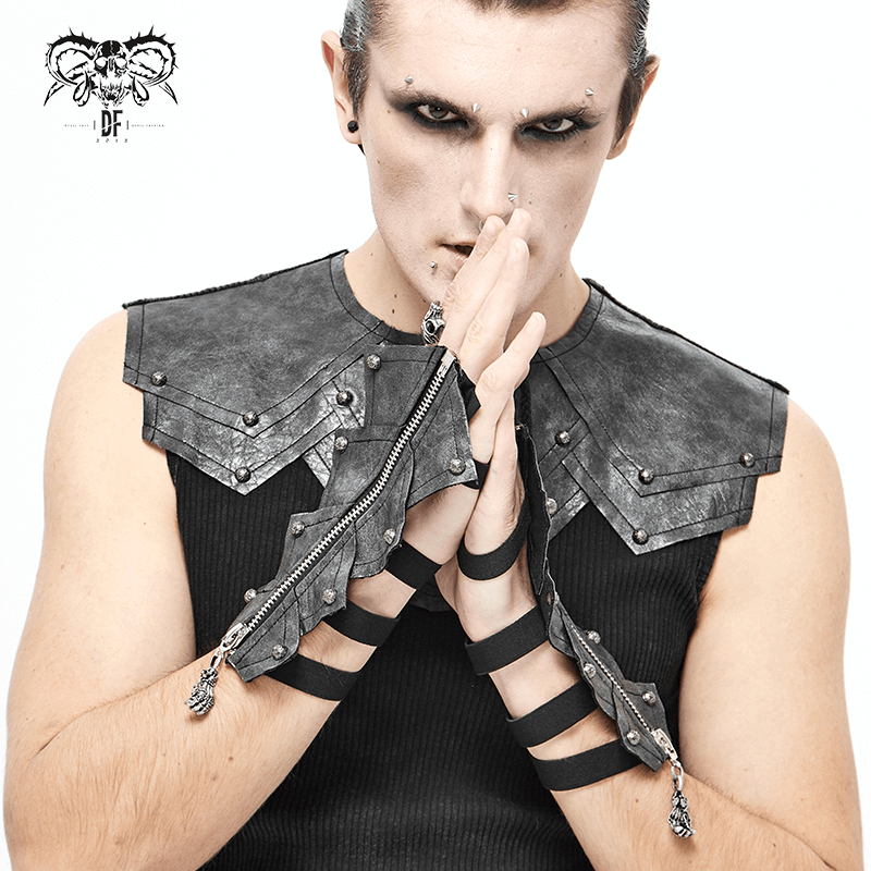 Men's Gothic Black Elastic Bandage Gloves with Rivets / Fashion Open Gloves with Skull Zipper - HARD'N'HEAVY