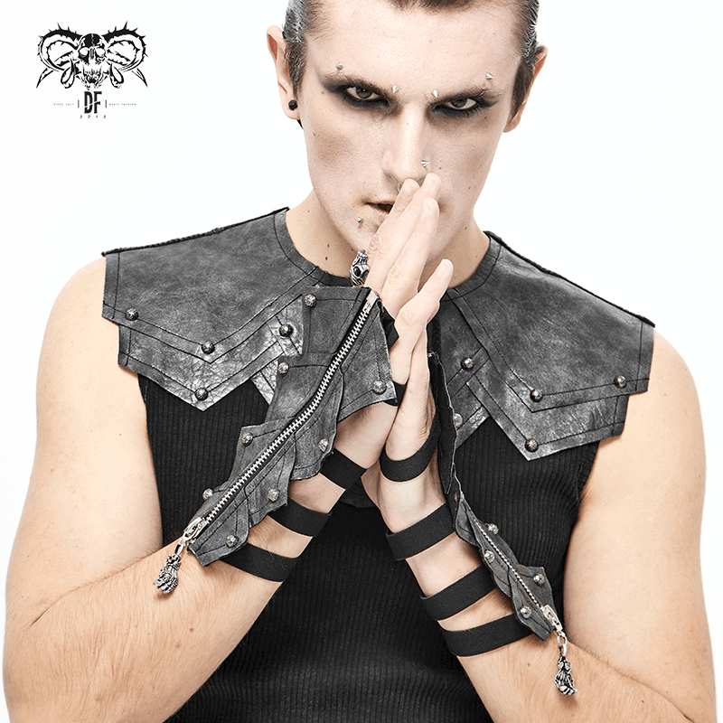 Men's Gothic Black Elastic Bandage Gloves with Rivets / Fashion Open Gloves with Skull Zipper
