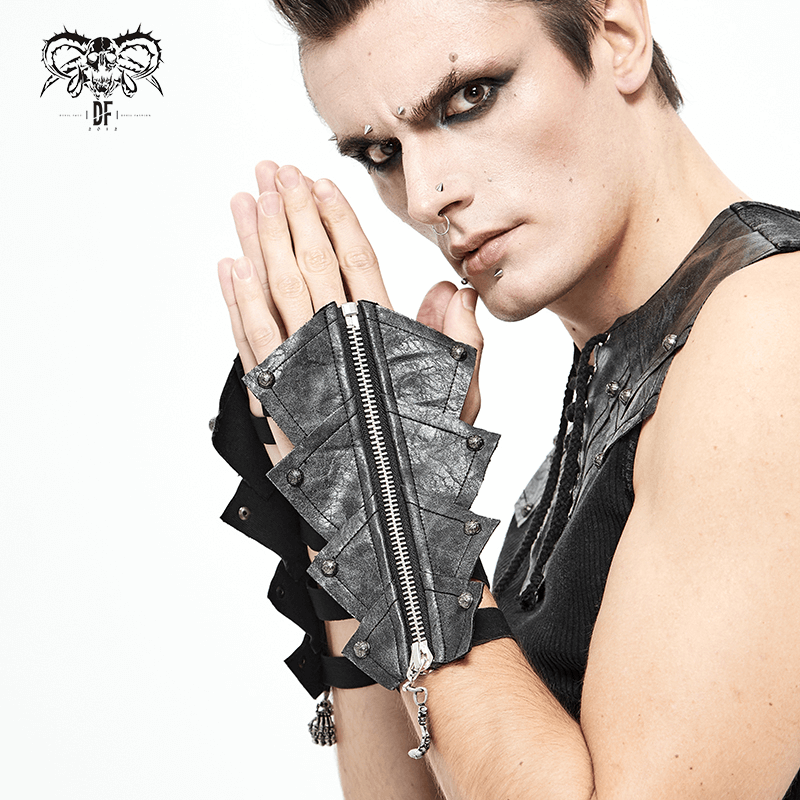 Men's Gothic Black Elastic Bandage Gloves with Rivets / Fashion Open Gloves with Skull Zipper - HARD'N'HEAVY