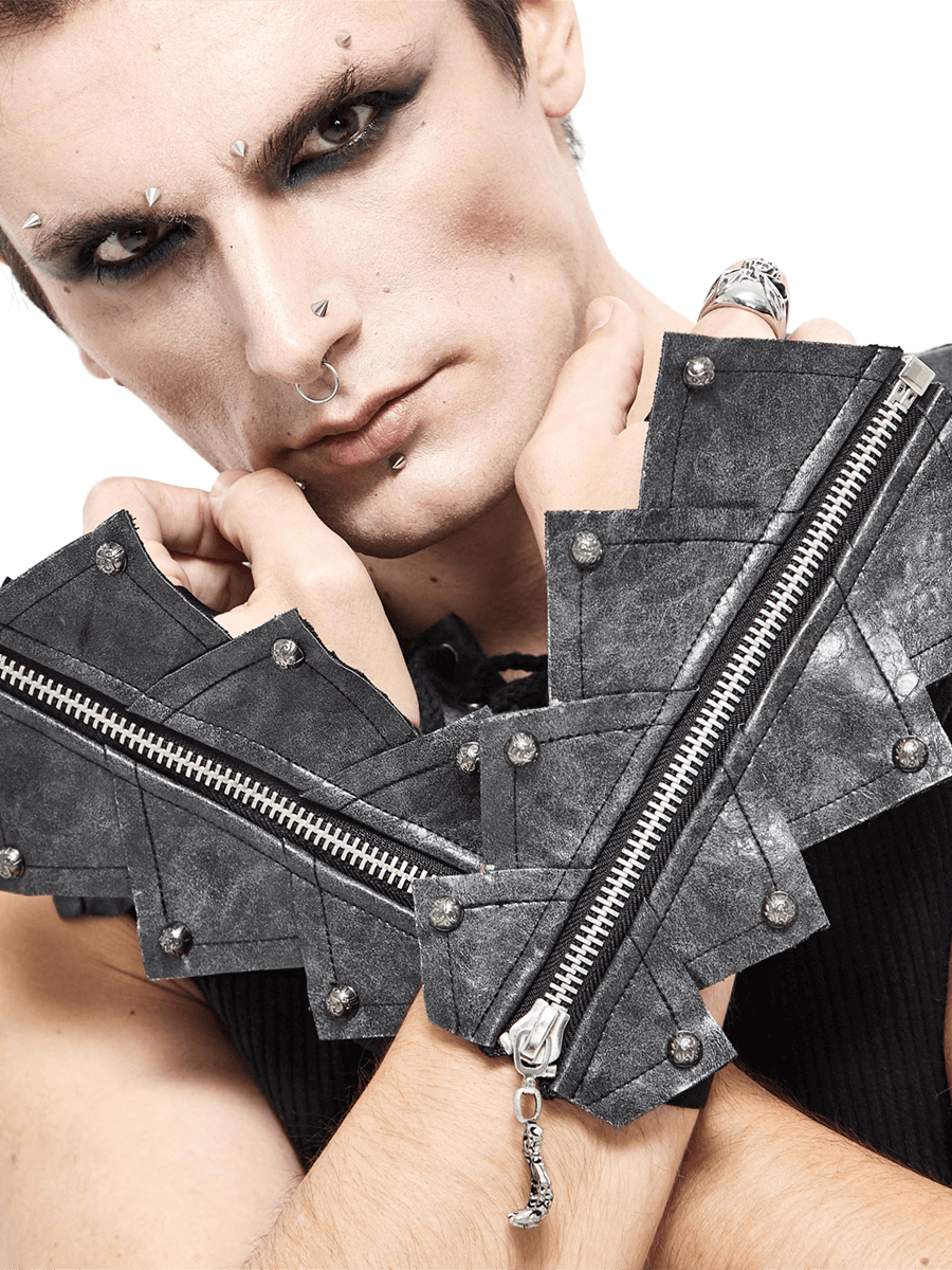 Men's Gothic Black Elastic Bandage Gloves with Rivets / Fashion Open Gloves with Skull Zipper - HARD'N'HEAVY