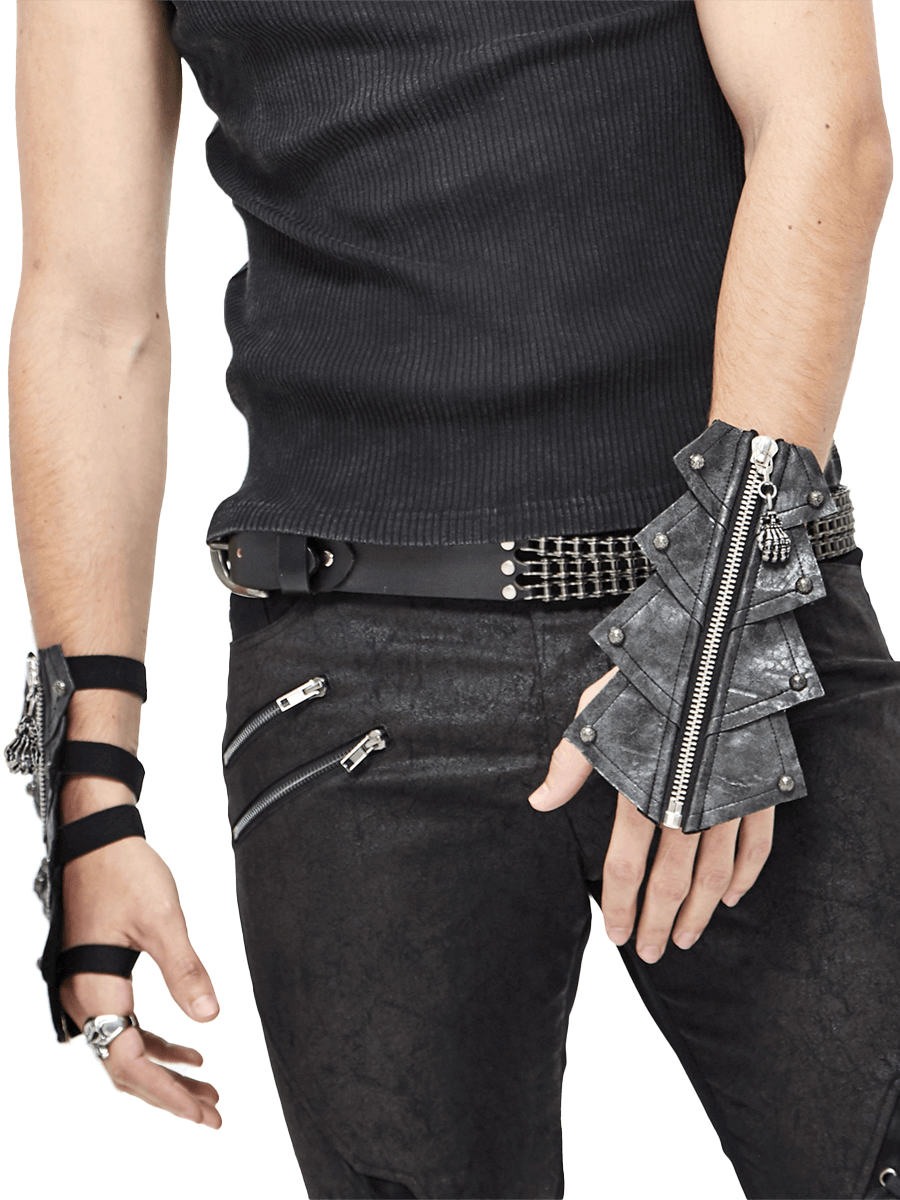 Men's gothic black bandage gloves with rivets and skull zipper, styled with a black tank top and edgy black pants.