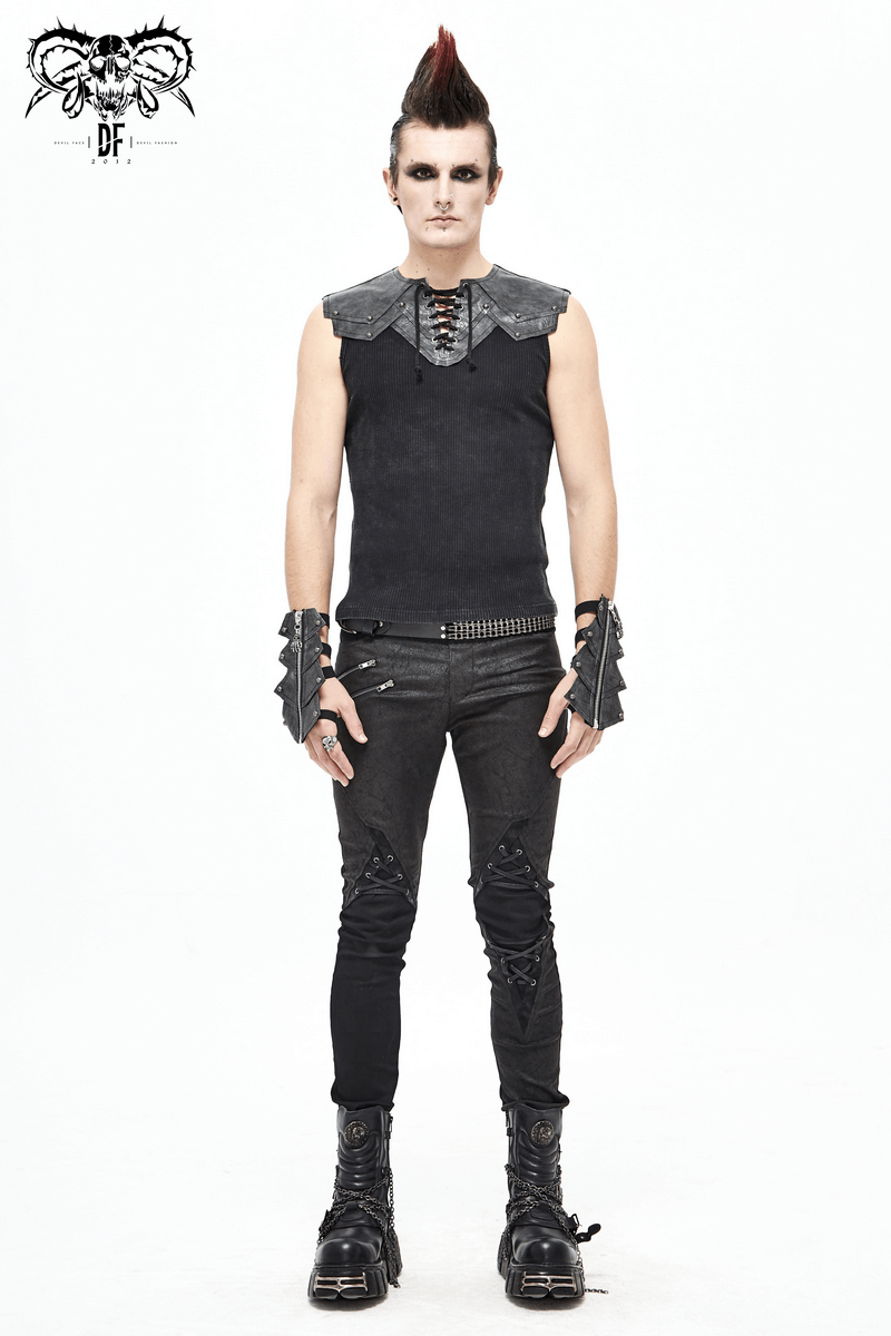 Men's gothic style outfit featuring a sleeveless top, spiked gloves, and ripped pants for a bold fashion statement.
