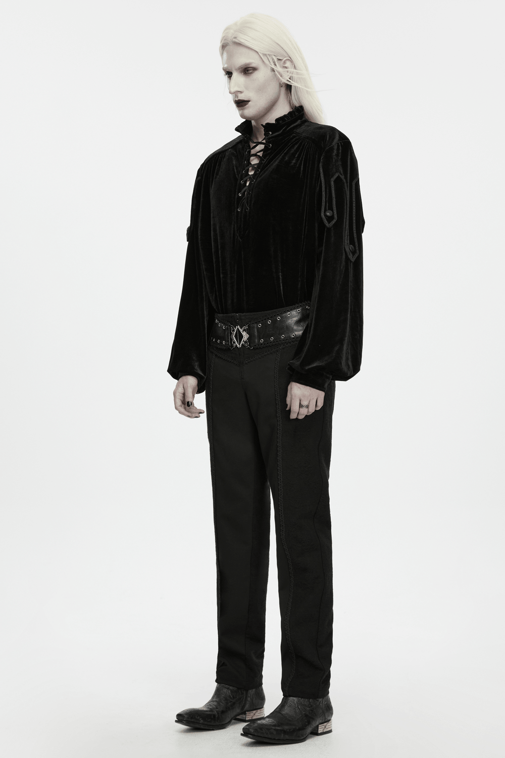 Men's Gothic Black Jacquard Slim Straight Leg Pants with ornate metal clasp and textured side panels for dark elegance.