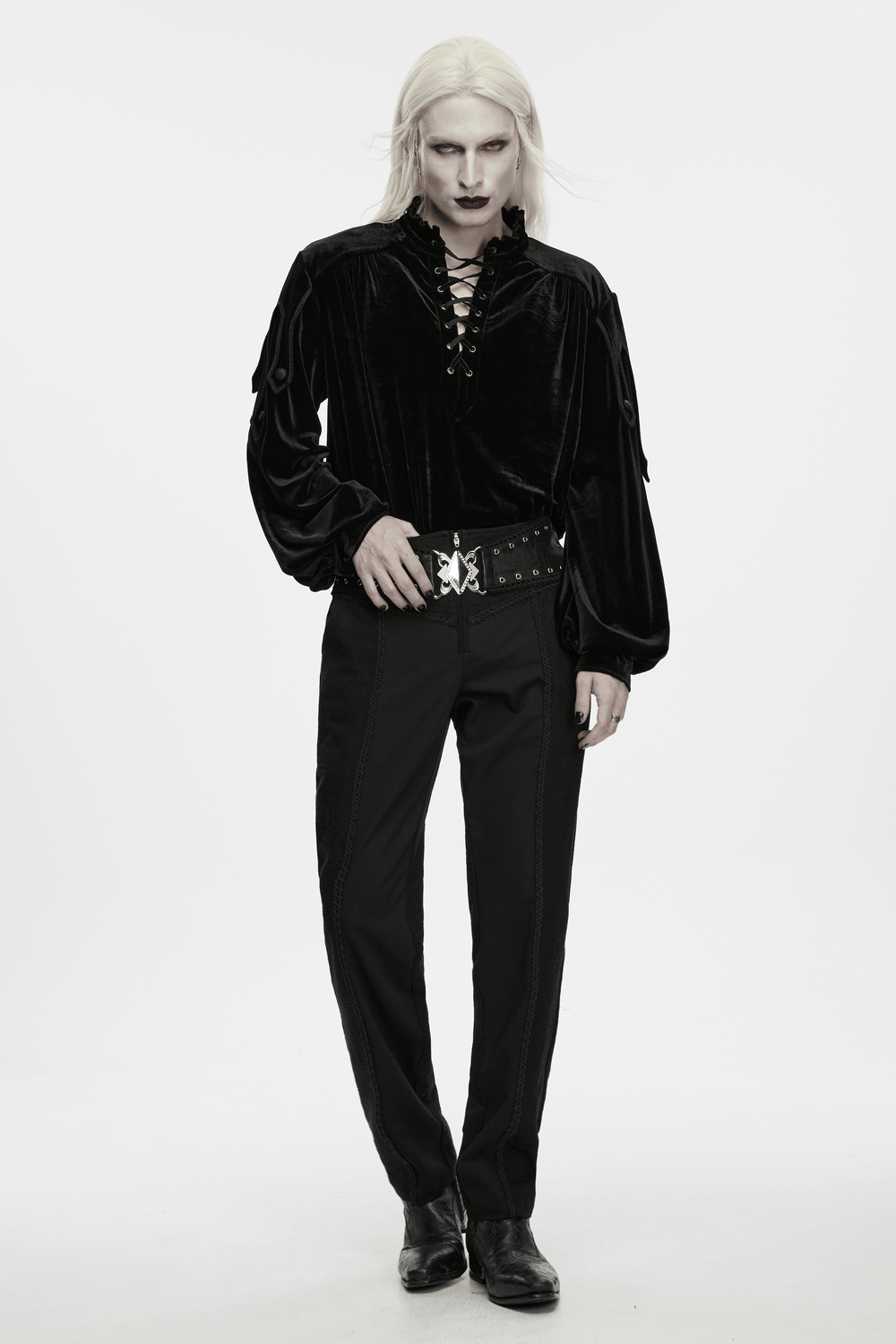 Men's Gothic Black Jacquard Slim Straight Leg Pants with ornate metal clasp and slim gothic tailoring