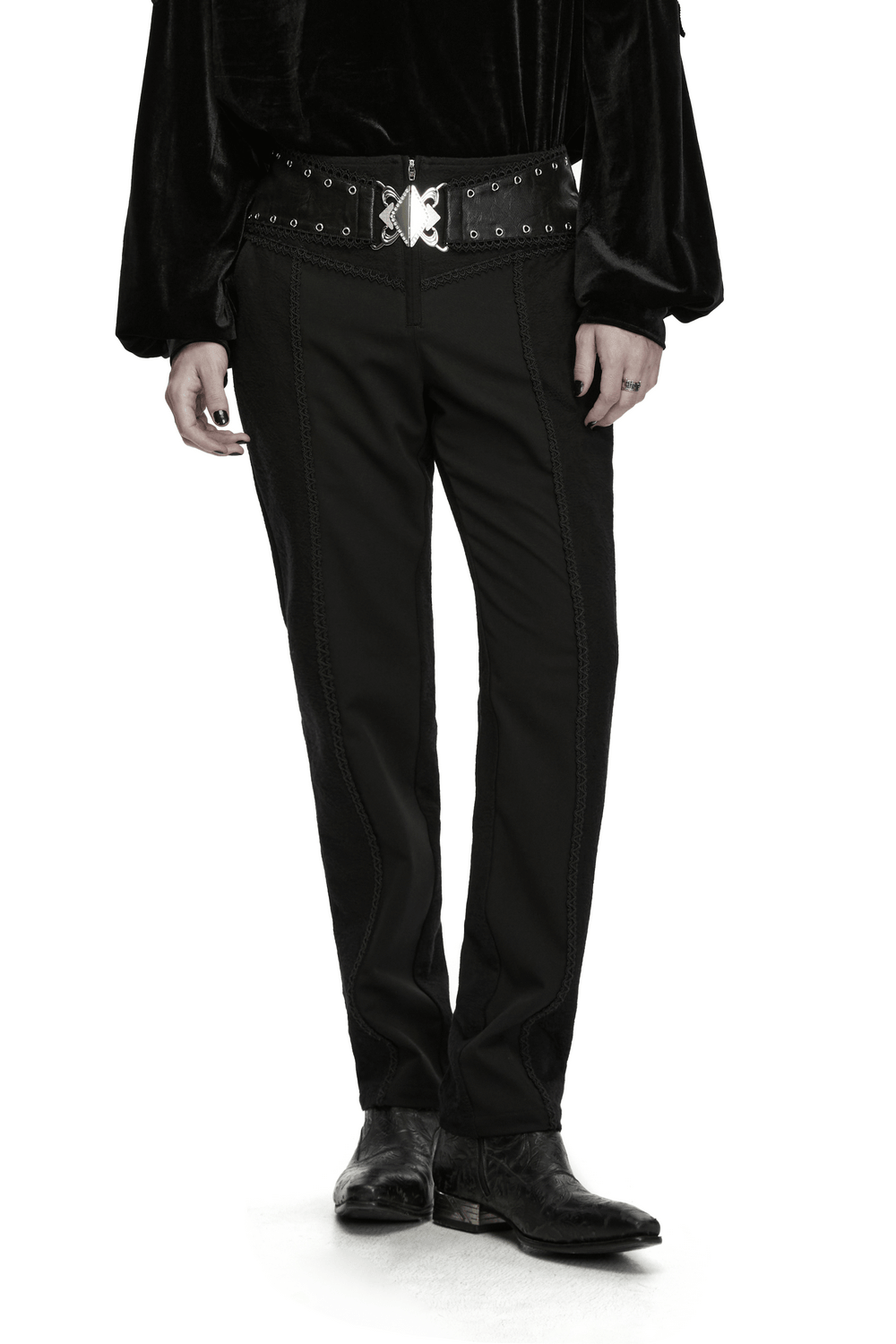 Men's Gothic Black Jacquard Slim Straight Leg Pants with ornate metal clasp and textured black trim