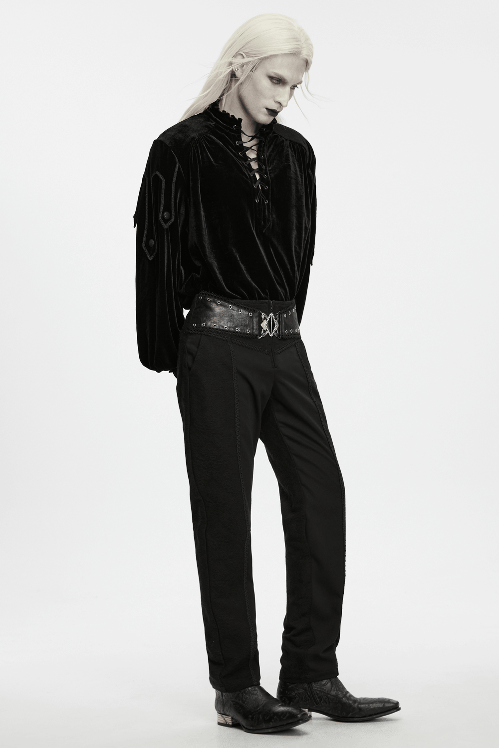 Men's Gothic Black Jacquard Slim Straight Leg Pants with ornate metal waist clasp and slim gothic black silhouette