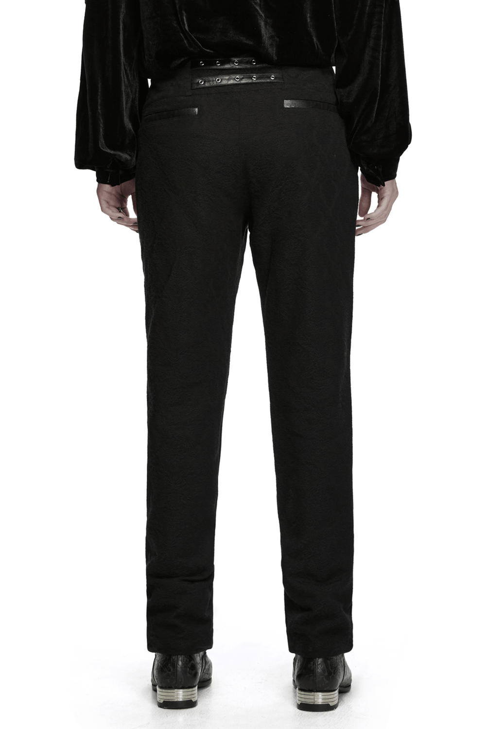 Men's Gothic Black Jacquard Slim Straight Leg Pants with ornate waist clasp and textured side panels for a dark, sleek look