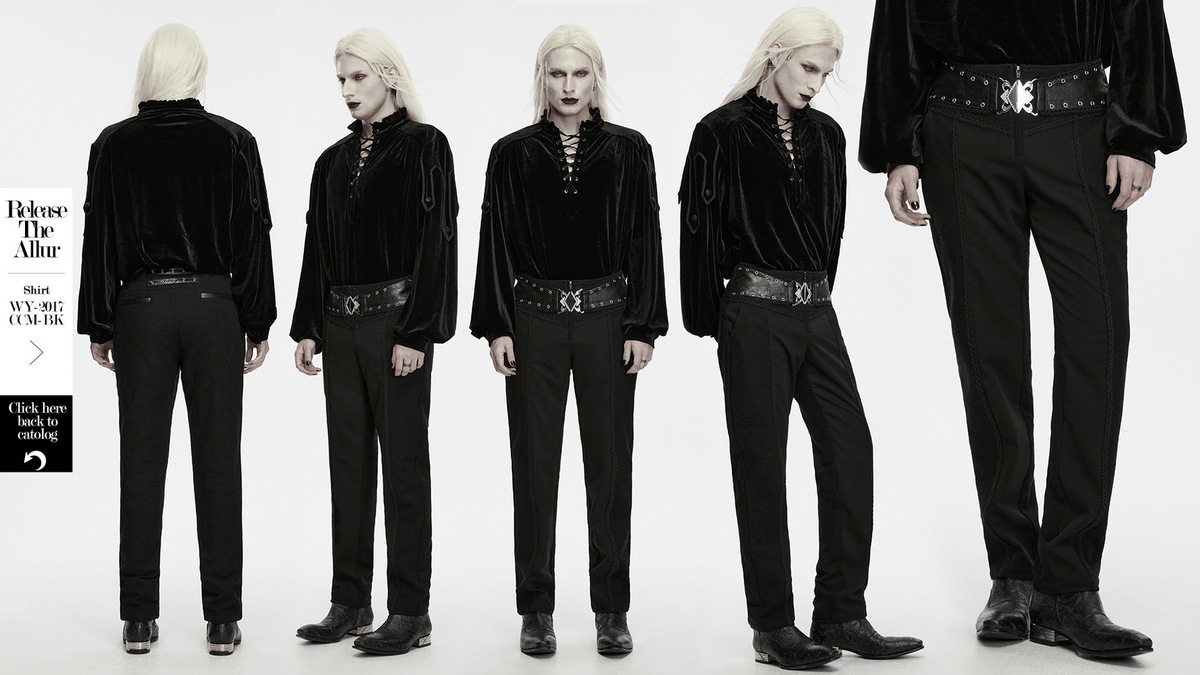 Men's Gothic Black Jacquard Slim Straight Leg Pants with ornate metal clasp, textured trim, and dark elegant slim fit