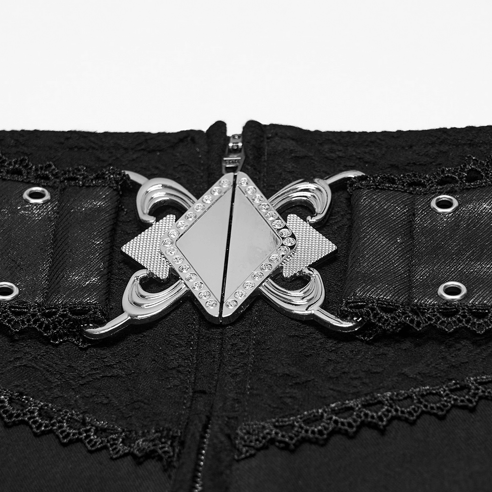 Men's Gothic Black Jacquard Slim Straight Leg Pants with ornate diamond metal clasp and lace-trimmed waistband