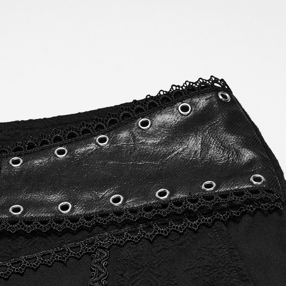 Men's Gothic Black Jacquard Slim Straight Leg Pants with ornate metal clasp, lace trim, and eyelet waistband detail