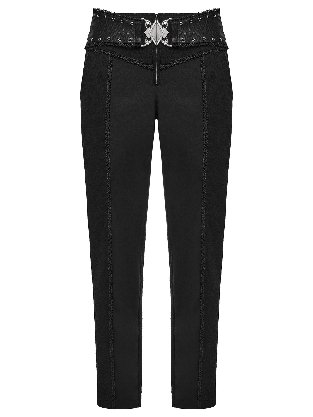Men's Gothic Black Jacquard Slim Straight Leg Pants with ornate metal waist clasp and textured side panels