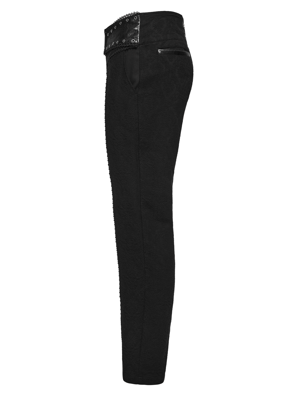 Men's Gothic Black Jacquard Slim Straight Leg Pants with ornate metal waist clasp and textured black jacquard finish