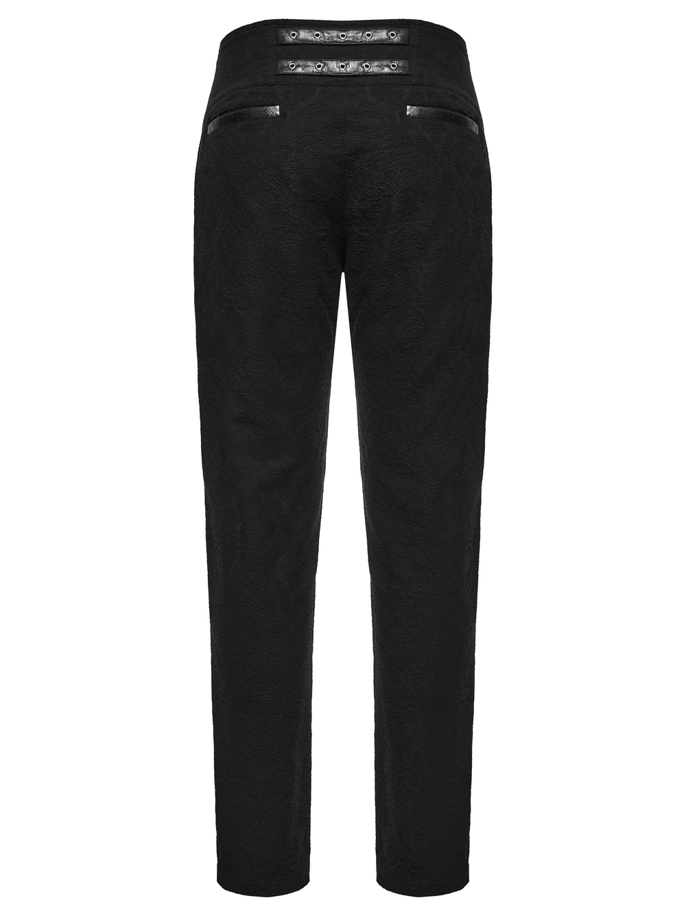Men's Gothic Black Jacquard Slim Straight Leg Pants with ornate metal clasp and textured dark pattern