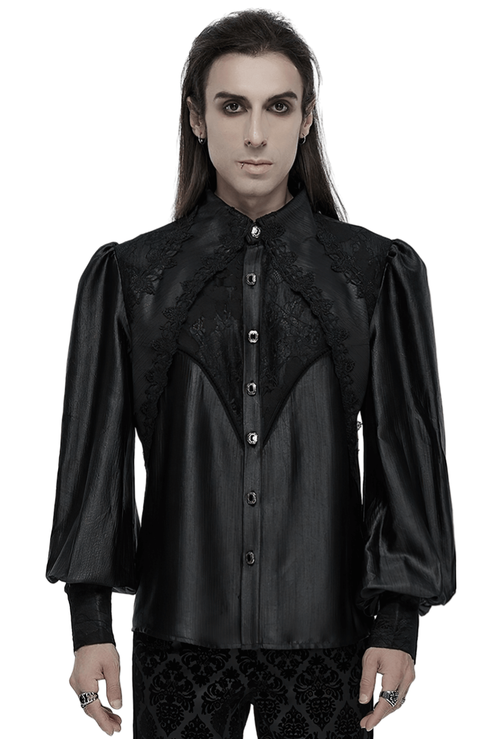 Men's elegant gothic black lace shirt with bubble sleeves, showcasing luxurious fabric and intricate lace details.