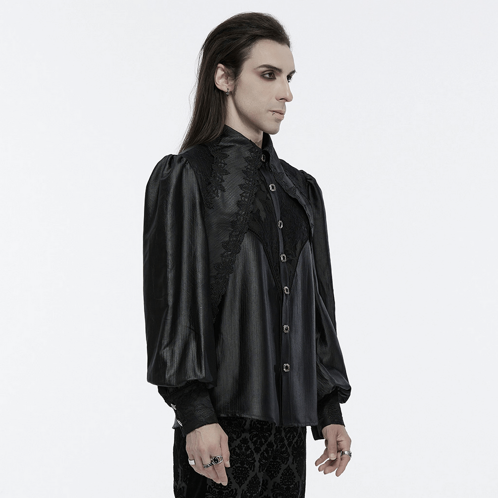 Men's Gothic Black Lace Shirt with Bubble Sleeves, showcasing elegant fabric and lace detailing for dark fashion lovers.