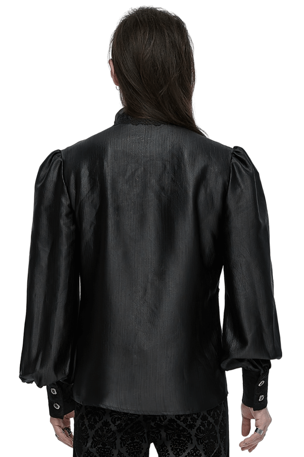 Back view of men's gothic black lace shirt with bubble sleeves, showcasing elegant fabric and unique collar details.