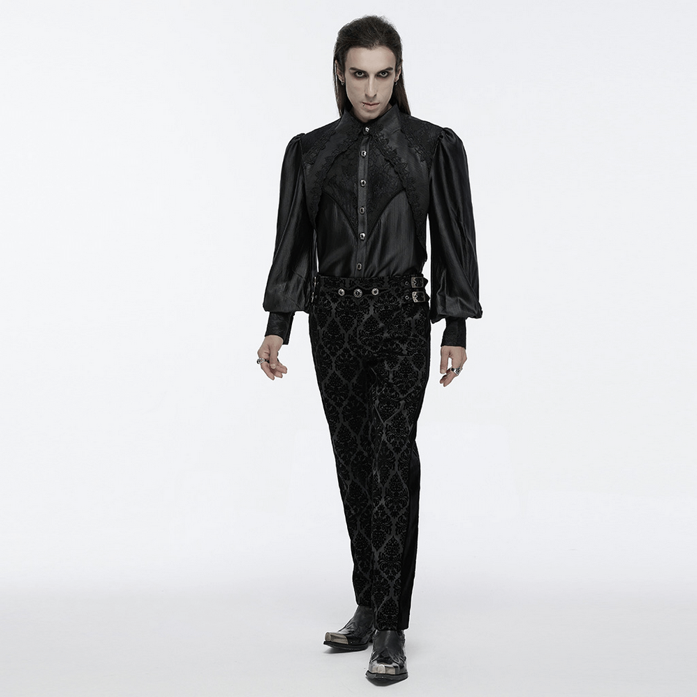 Sleek men's gothic black lace shirt with bubble sleeves, styled with elegant black pants for a striking alternative look.