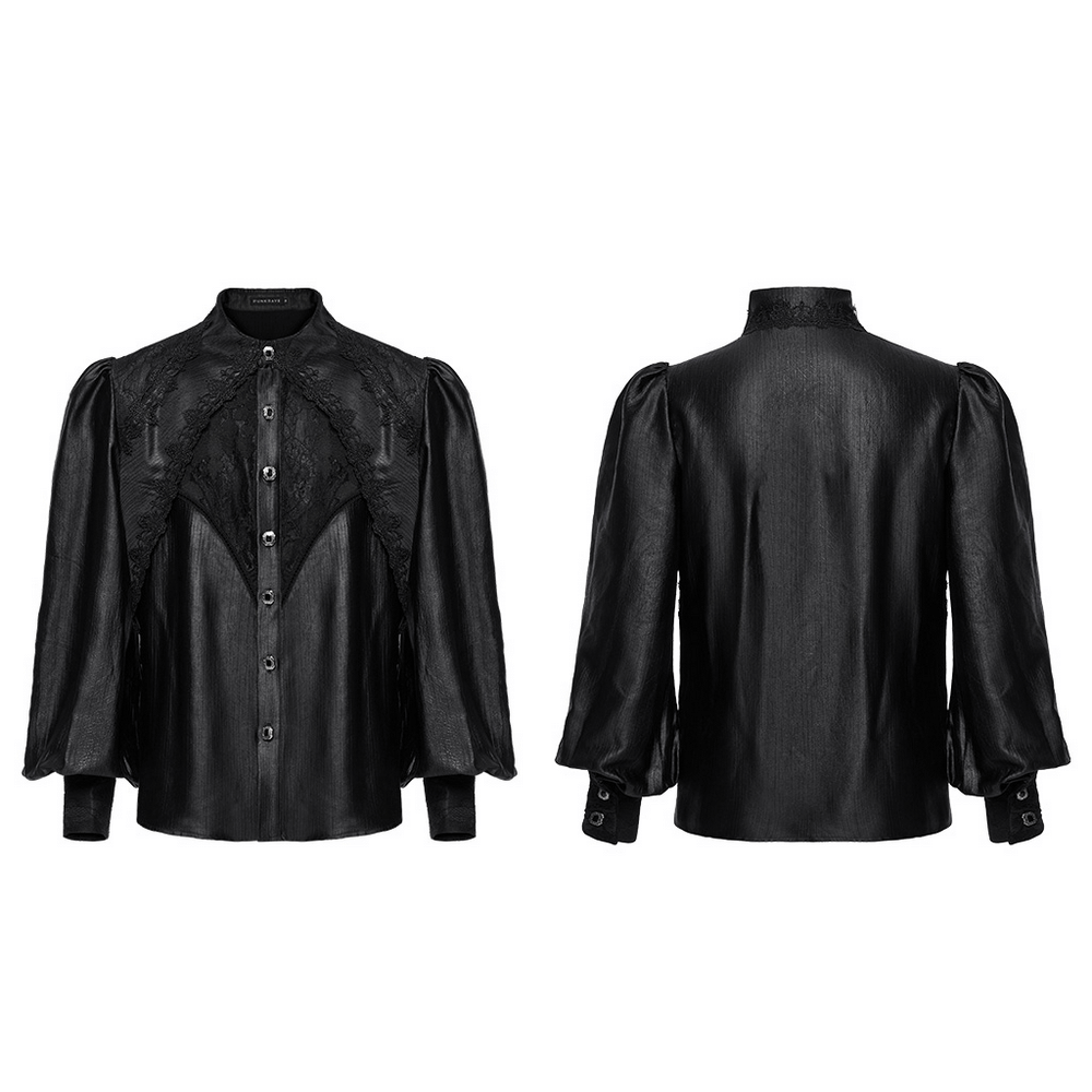 Men's Gothic Black Lace Shirt with Bubble Sleeves, featuring elegant lace detailing and a unique collar. Perfect for alternative fashion.