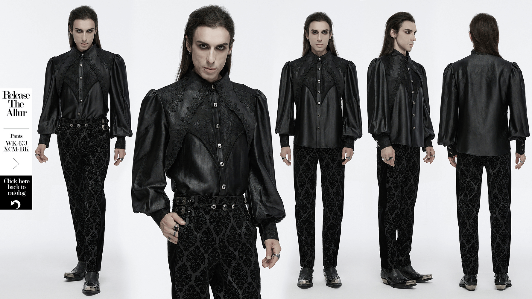 Men's gothic black lace shirt with bubble sleeves, showcasing elegant bubble sleeves and intricate lace details. Perfect for dark fashion.